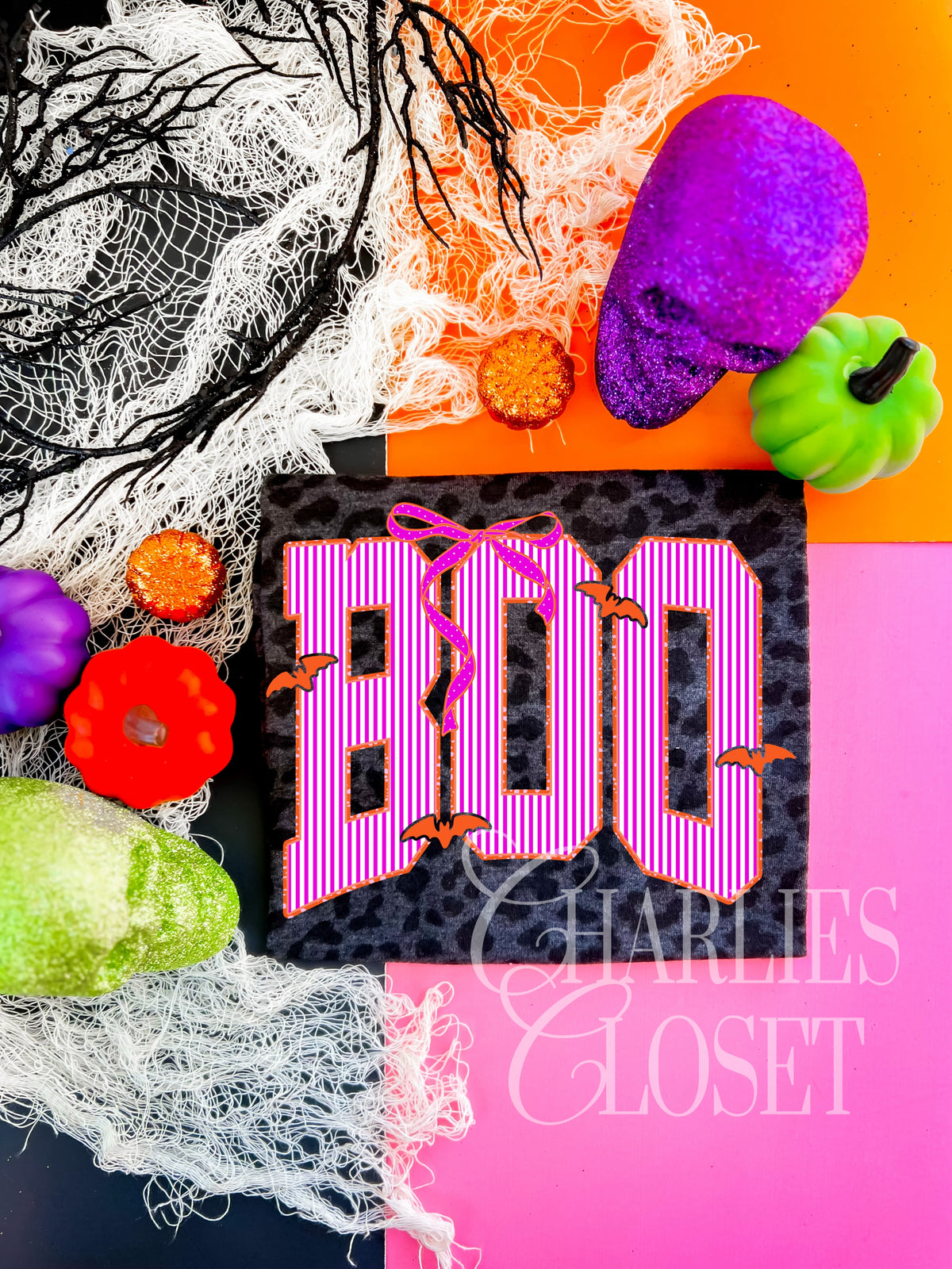 BOO Stripes- Hot pink with Orange bats