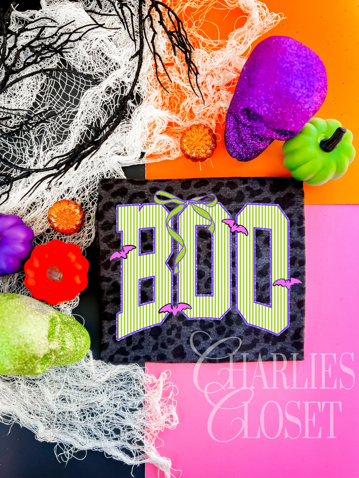 BOO stripes- green stripes with hot pink bats