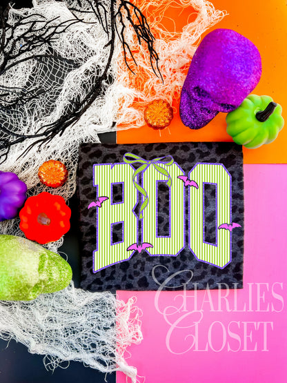 BOO stripes- green stripes with hot pink bats