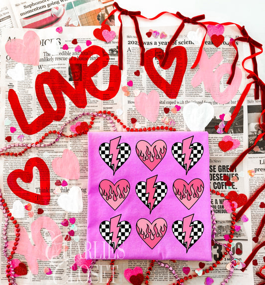 Checkered hearts with flames & bolts