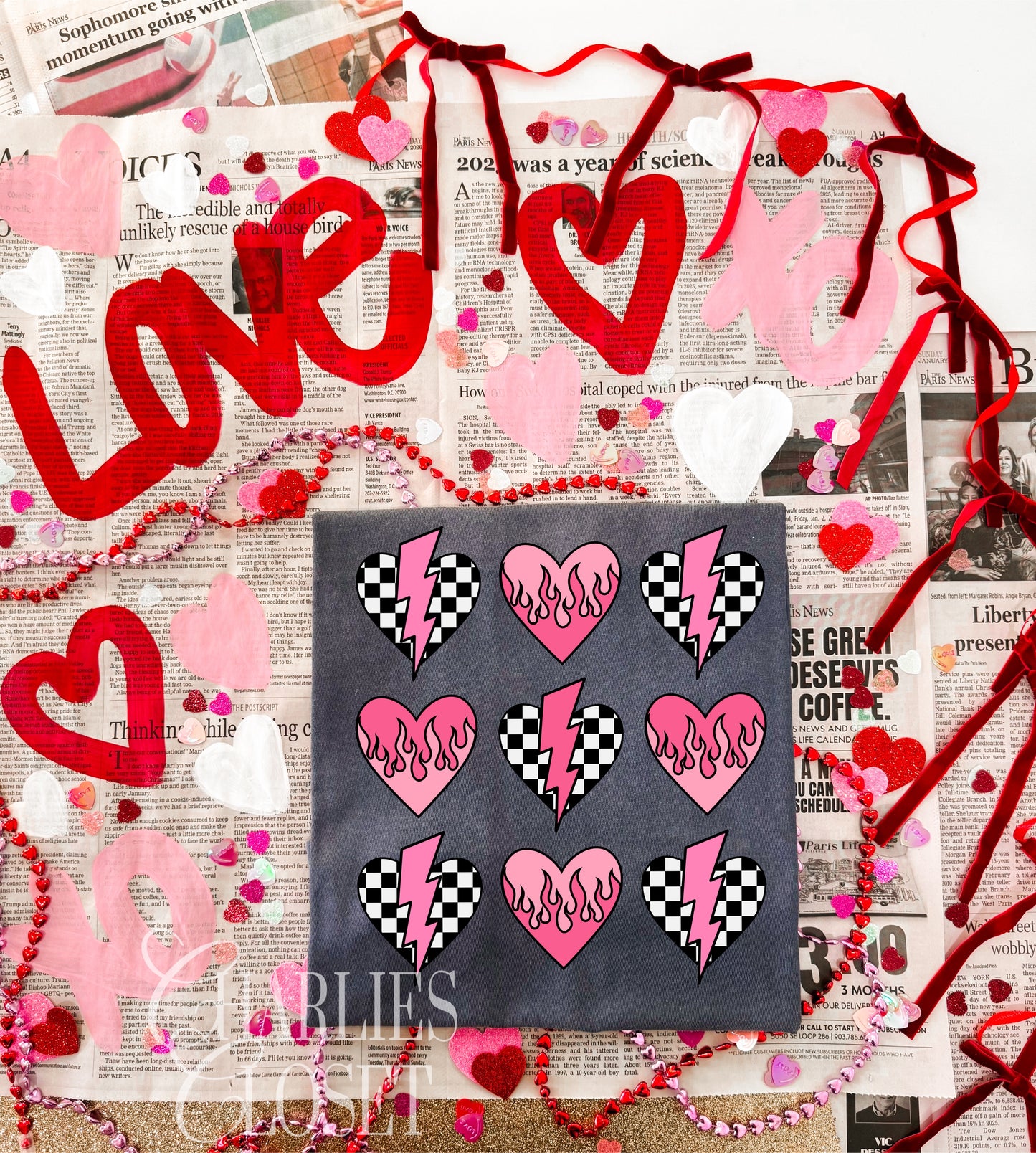 Checkered hearts with flames & bolts