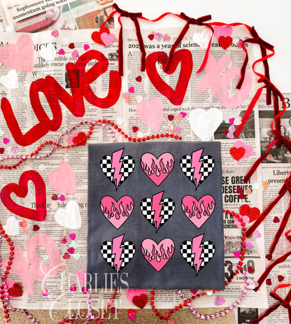 Checkered hearts with flames & bolts